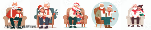 vector grandfather holding grandchild in chair at christmas