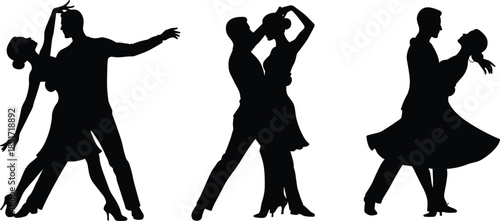 Elegant ballroom dancing silhouettes of three partnered couples in formal attire, graceful waltz and tango poses, vector illustration for choreography