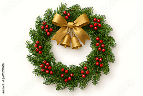 Isolated Christmas wreath with pine branches, red berries, golden bells and ribbon, festive holiday decoration, white background PNG