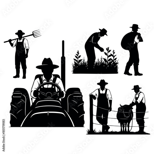 Silhouettes of farmers engaged in various agricultural activities on a farm.