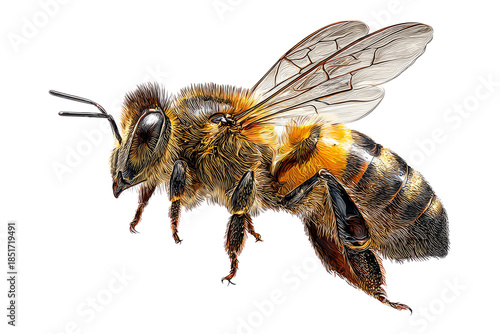 Close-up of a Honeybee with Detailed Wings and Fuzzy Body on White Background