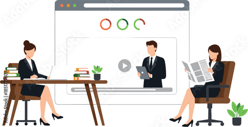 Flat vector illustration depicting businesswomen in a modern office setting, one working on a laptop while the other reads a newspaper, with a large video conference or online training webinar display