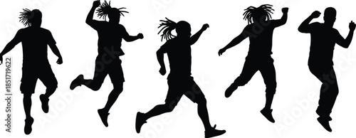 Energetic black silhouettes of five figures running and jumping, dreadlocks in motion, dynamic group movement, athletic poses, urban dance vector illustration