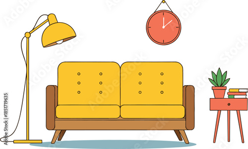 Detailed black and white line art vector illustration of a modern, stylish living room interior with an L-shaped sectional sofa, end tables, decorative shelves, and large glass-paned doors