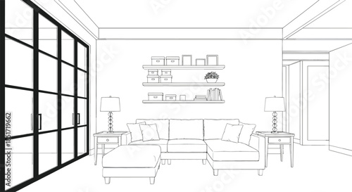 Flat vector illustration of a woman working remotely from home on a video call using a laptop, in a comfortable, biophilic office setting with large, healthy houseplants