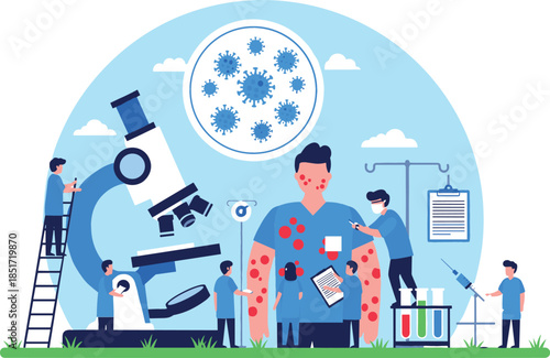 Medical research and disease investigation vector illustration showing a team of small scientists examining a giant man with skin symptoms under a large microscope and lab equipment
