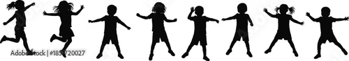 Energetic children silhouettes in active play, jumping, running, dancing, diverse motion poses for childhood activity, school sports, playground, physical education, vector illustration