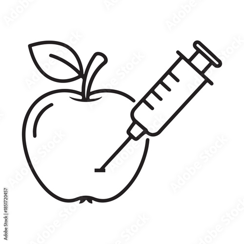 Minimalist Black and White Line Drawing of Apple with Syringe – Symbol of Genetic Modification.