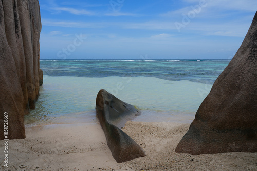 Day view of the Anse Source d Argent beach with its granite boulders on La Digue island in the Seychelles, one of the most beautiful beaches in the world
