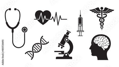 Medical and Healthcare Icon Set with Stethoscope, DNA, Microscope, and Heartbeat