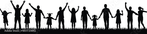 Family and community silhouettes on grass, joyful group celebrating together, diverse adults and children holding hands and raising arms, unity, outdoor gathering