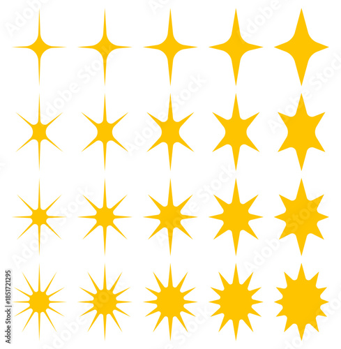 様々な形の星型、輝きマーク、キラーンマークのアイコンのベクターイラストのセット