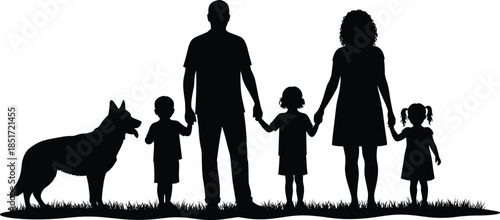 Family silhouette vector of parents and three children with dog on grassy hill, unity, togetherness, family bond, parental care, outdoor scene