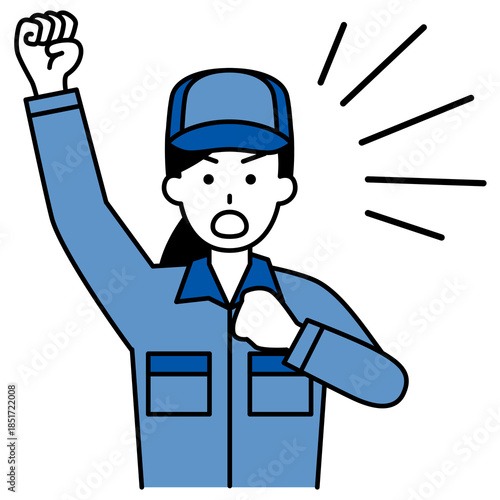 拳を上げて抗議するつなぎ作業服の女性