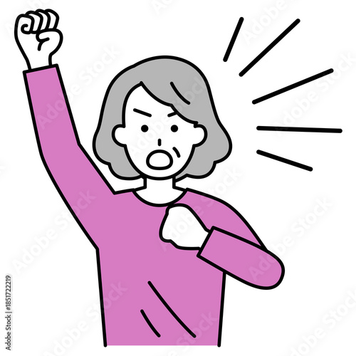 拳を上げて抗議する年配の女性