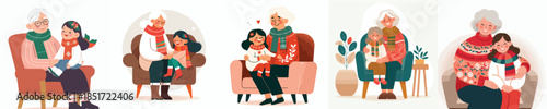 vector grandmother holding grandchild in chair at christmas