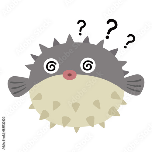 Cute spiky pufferfish emoji confused dizzy mystery cartoon vector illustration
