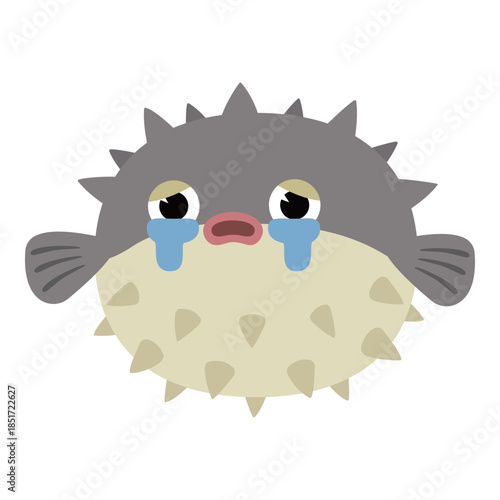 Cute spiky pufferfish emoji crying sad tears cartoon vector illustration