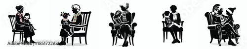 vector silhouette grandmother holding grandchild in chair at christmas
