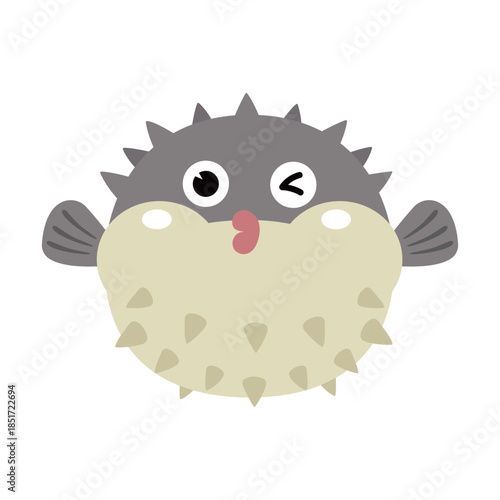 Cute spiky pufferfish emoji playful wink flirty cartoon vector illustration