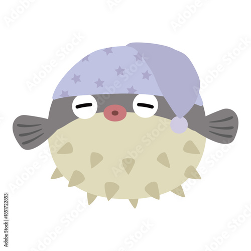 Cute spiky pufferfish emoji wearing nightcap sleeping peaceful cartoon vector illustration