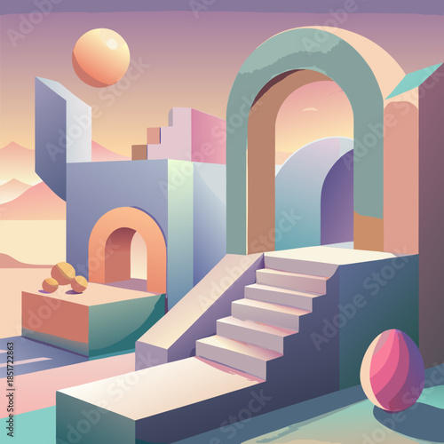 Dreamlike abstract architecture in pastel colors