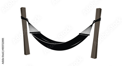 A suspended black hammock between two wooden posts a relaxing outdoor scene silhouette