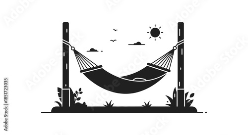 Relaxing hammock scene with sun clouds and birds a peaceful outdoor summer vibe silhouette