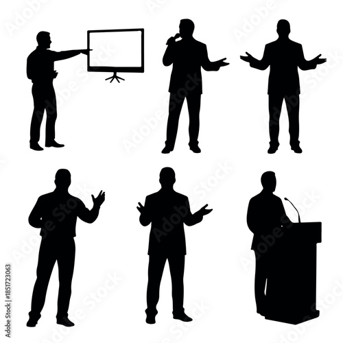 Silhouettes of Businessmen Presenting and Speaking at a Conference.