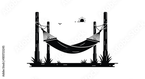 Relaxation scene with a hammock between two posts under a sun a peaceful silhouette