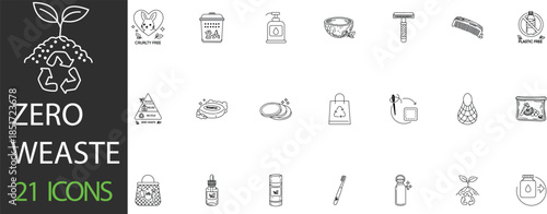 Zero waste lifestyle vector line icon set. Eco friendly, sustainable living, plastic free, recycling and go green symbols.