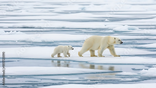 Polar Bear Mother and Cub Walking Across Arctic Sea Ice in Frozen Wilderness, Aerial View of Wildlife Survival