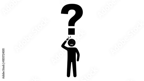 Stick figure person scratching head with question mark above, depicting confusion and uncertainty, isolated white background.