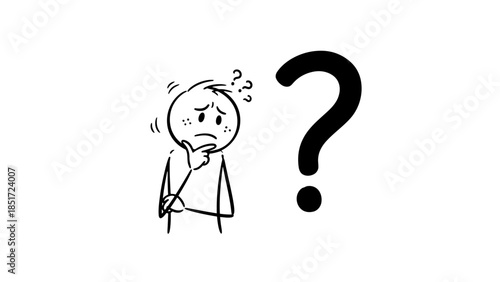 Anxious Stick Figure Man Pondering with Multiple Question Marks and Large Question Mark Beside Him on Isolated White Background