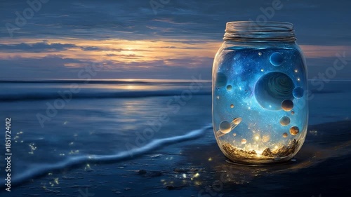 Cosmic scene in a glass jar on a beach at sunset digital art