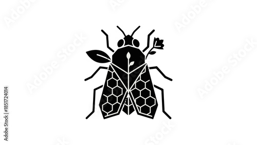 Stylized black fly insect icon illustration with hexagonal wings and flower details, isolated white background.