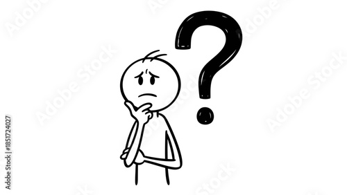 Sad and Pensive Stick Figure Man With Large Question Mark Symbol Beside Him on Isolated White Background