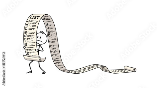 Two Stick Figure Men Collaborating to Carry a Very Long Winding Checklist Labeled 'LIST' on Isolated White Background
