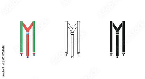 Three depictions of suspenders varying in color and style presented as graphical representations silhouette
