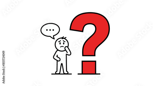 Stick Figure Person with Thought Bubble and Large Red Question Mark, Expressing Query and Thoughtfulness on Isolated White Background