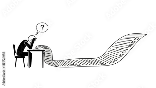 Overwhelmed Stick Figure Man Working on Endless Checklist at Desk with Question Mark Above Head, Isolated White Background