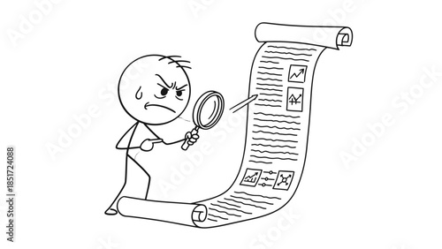 Stressed Stick Figure Man Magnifying and Examining Endless To-Do List with Frustrated Expression on Isolated White Background