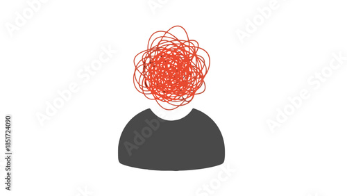 Silhouette of a Person with Red Tangled Messy Thoughts in Head Representing Anger and Frustration on Isolated White Background