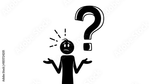 Confused Stick Figure Person Shrugging with Big Question Mark, isolated white background