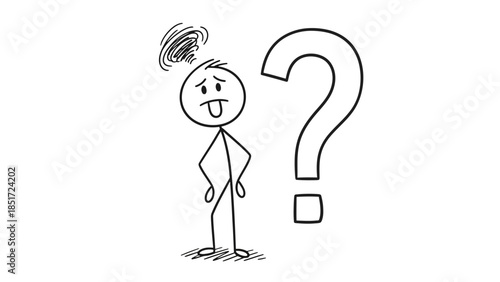 Stick Figure Person Looking Confused and Unsure Next to a Large Question Mark on Isolated White Background