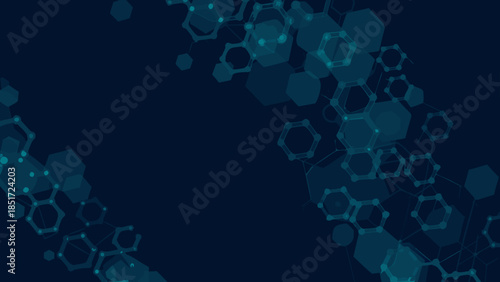 A dark blue background with a cluster of interconnected teal hexagons forming a network like structure