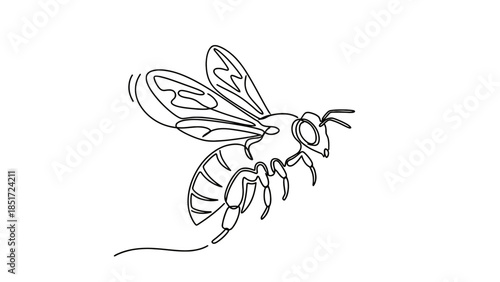 Continuous One Line Art Drawing of a Flying Bee, isolated white background