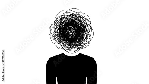 Silhouette of Person with Chaotic Tangled Mind Inside Head, isolated white background