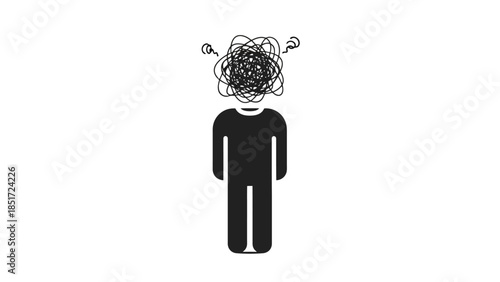 Stick Figure Person with Chaotic Tangled Thoughts Above Head, isolated white background