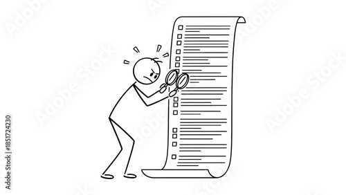 Overwhelmed Stick Figure Man Examining Long To-Do List with Magnifying Glass, isolated white background